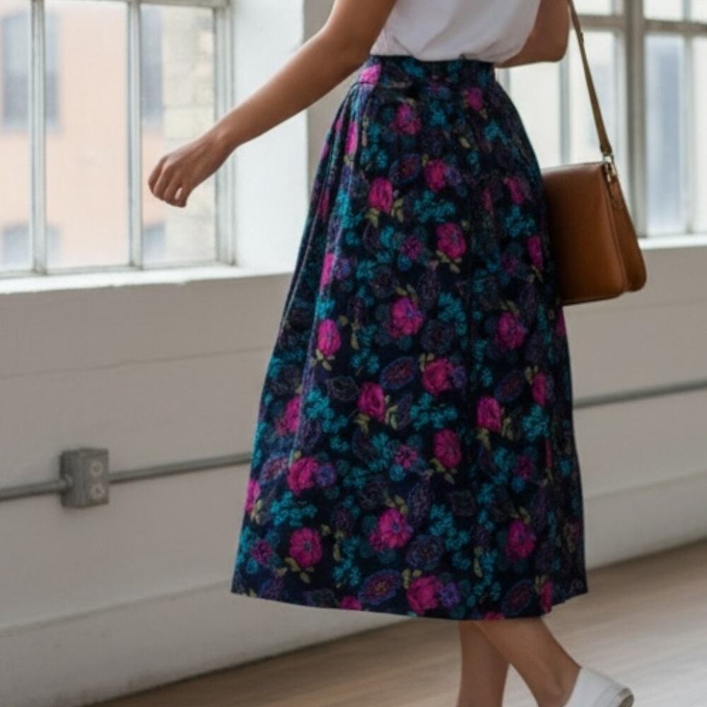 Vintage Womens Skirt Size 12 80s High Waisted Pockets Floral Indie Retro Classic
